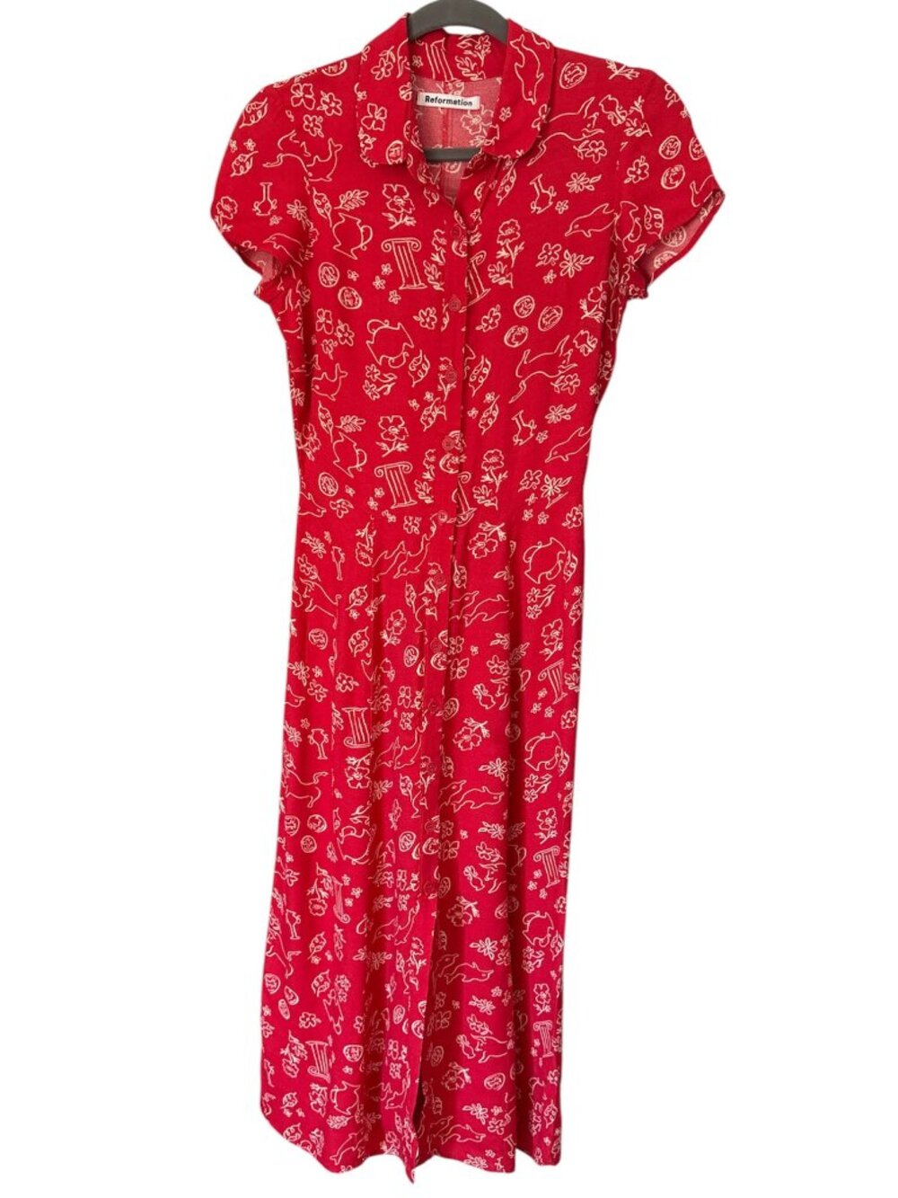 REFORMATION Wilma Midi Dress in Red with White Novelty Print Size 2